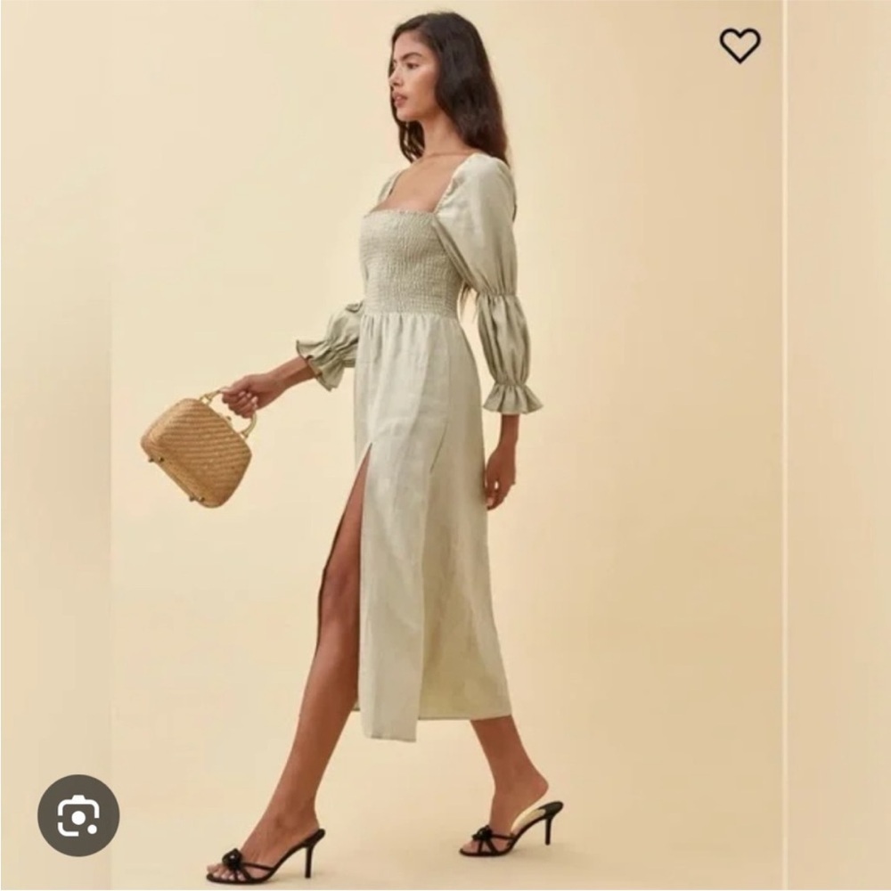 Reformation Hyland Smocked Linen Midi Dress Sage Green Size S View 2